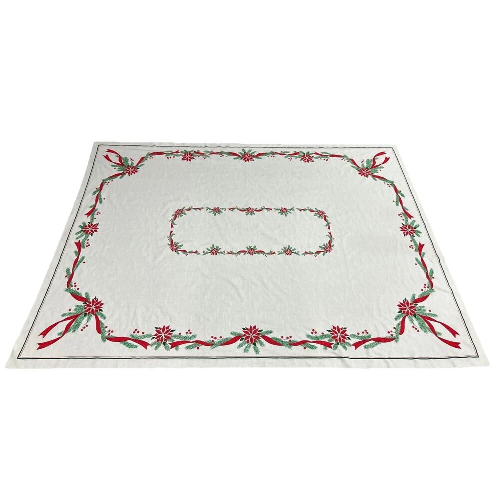 Vintage Christmas Tablecloth Poinsettia Ribbon Holly Kmart 61x82 Holiday Decor